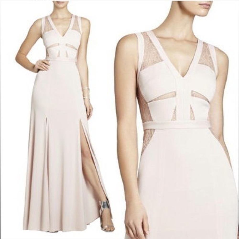 BCBGMaxazria Cristy pale blush lace cutout double leg slit maxi gown 10 VV13